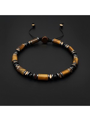 Seven Art Jewelry Kaplan Gözü ve Akik Doğal Taş Slim Makrome Bileklik Ayarlanabilir Kahverengi - Siyah