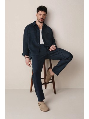 AVVA Erkek Lacivert Beli Lastikli %100 Keten Relaxed Fit Pantolon B003032