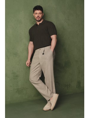 AVVA Erkek Gri Beli Lastikli %100 Keten Relaxed Fit Pantolon B003032