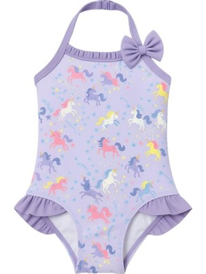 Kız Çocuk Unicorn Desenli Fırfırlı Mayo Lila
