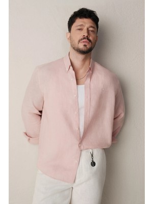 AVVA Erkek Koyu Pembe Düğmeli Yaka %100 Keten Comfort Fit Gömlek B002191