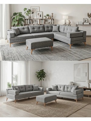 Velura Home & Living Zeri Modüler Yataklı Koltuk Takımı & 2 Adet Üçlü Kanepe & Köşe Takımı (3 3) - Keten Gri - 104