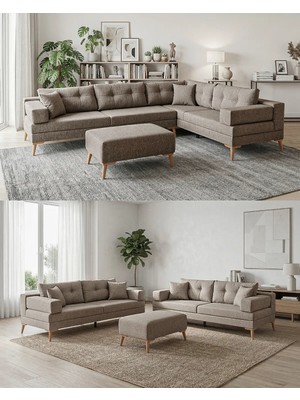 Velura Home & Living Zeri Modüler Yataklı Koltuk Takımı & 2 Adet Üçlü Kanepe & Köşe Takımı (3+3) - Sütlü Kahve - 160