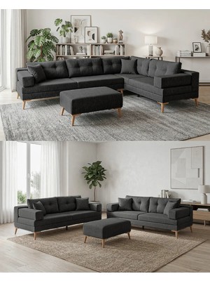 Velura Home & Living Zeri Modüler Yataklı Koltuk Takımı & 2 Adet Üçlü Kanepe & Köşe Takımı (3 3) - Keten Antrasit