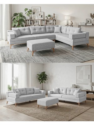 Velura Home & Living Zeri Modüler Yataklı Koltuk Takımı & 2 Adet Üçlü Kanepe & Köşe Takımı (3+3) - Açık Gri - 102