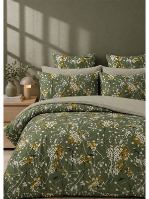 More Home Tek  Kişilik Yorgan Kılıfı + Yastık Kılıfı  (Çarşafsız) Floral Yeşil Beyaz