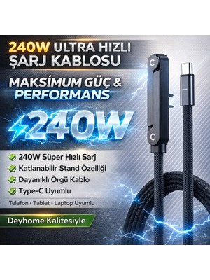 Online Home Market Deyhome 240W Ultra Hızlı Type-C Şarj Data Kablosu Katlanabilir Standlı Ergonomik Tasarım 1.5m Örgülü