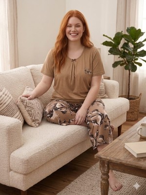 Asel Pijama Büyük Beden Kısa Kol Kapri Likralı Penye Pijama Takımı