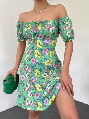Moda Morfo Yakası Lastikli Bağcık Detaylı Mini Elbise -A.yeşil