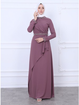 Moda Morfo Hakim Yaka Kemeri ve Kolları Boncuk Detaylı Abiye  -Vişne
