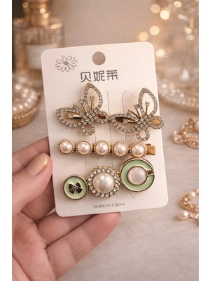 Bymiel Kadın 3’lü Taşlı Inci Detaylı Saç Tokası Seti – Şık & Zarif Tasarım