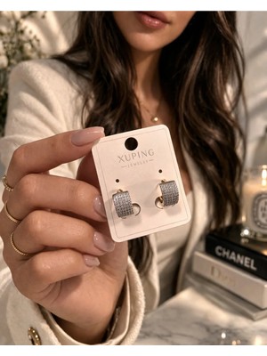 Bymiel Kare Taşlı Gold Kaplama Şık Halka Küpe