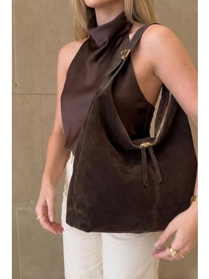 Marjin Kadın Hakiki Deri Shopper Fermuarlı Omuz Çantası Avelin Kahve Süet