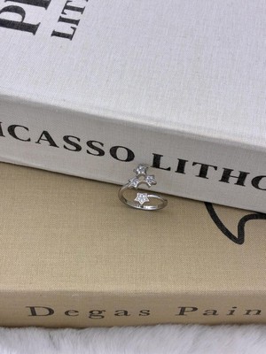 Hedef Bijuteri Gümüş Renk Zirkon Taşlı Dört Yıldızlı Ayarlanabilir Pirinç Yüzük T2