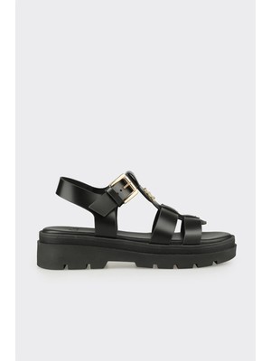 Elle Siyah Deri Kadın Sandalet