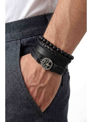 BSN Store 4 Adet Gerçek Deri Bileklik Hayat Ağacı Tasarım Siyah Hakiki Deri Bileklik Seti Moda Bileklik