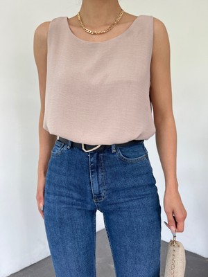 Moda Morfo Sıfır Kollu Ayrobin Bluz  -Açık Vizon