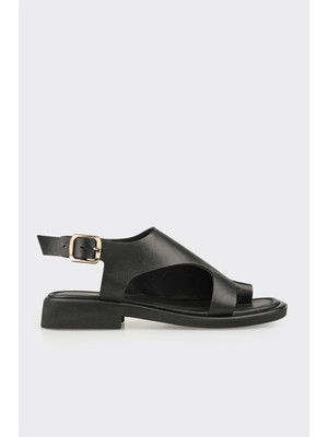 Elle Siyah Deri Kadın Parmak Arası Sandalet
