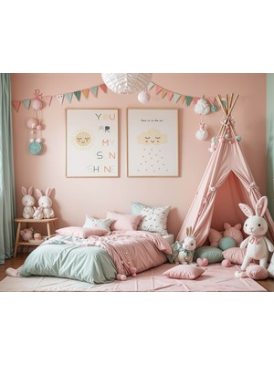 Pegziz Çocuk Odası 2'li Güneş Ay Temalı Duvar Tablosu Doğal Ahşap Çerçeveli Duvar Tablosu