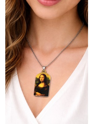 Herşey Nota Mona Lisa Baskılı Metal Kolye Gümüş Renk Zincir Unisex Sanat Tasarım