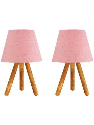 Vivense Evlight Ikili Set Komodin Üç Ayaklı Ahşap Abajur, Pembe