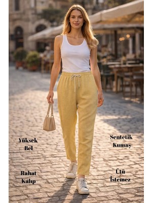 Kadın Sentetik Keten Yüksek Bel Lastikli Dar Paça Mom Pantolon C611