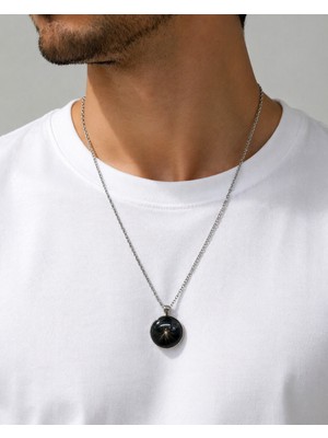 Herşey Nota Kozmik Karahindiba Cam Kolye Siyah Yuvarlak Tasarım 60 cm Zincir Unisex