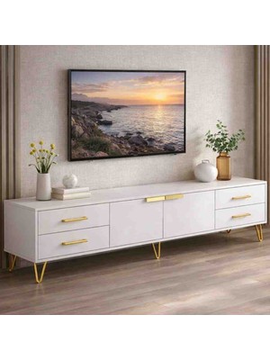 Dekonova Dekor Dekonova Vento 180 cm Modern Tv Ünitesi – Beyaz & Gold Ayaklı