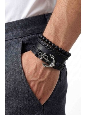 BSN Store 4 Adet Gerçek Deri Bileklik Denizci Çapa Tasarım Siyah Hakiki Deri Bileklik Moda Bileklik