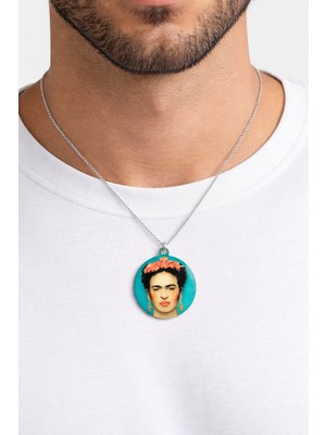 Herşey Nota Frida Kahlo Portre Baskılı Yuvarlak Kolye Gümüş Renk Zincir 60 cm Unisex