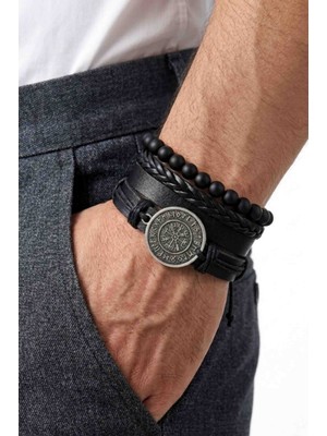 BSN Store 4 Adet Gerçek Deri Bileklik Vegvisir Tasarım Siyah Hakiki Deri Bileklik Moda Bileklik