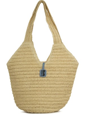 Bagmori Krem Oval Kova Hasır Tote Çanta