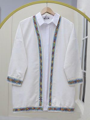 Moda Morfo Renkli Şerit Detaylı Keten Kimono -Taş