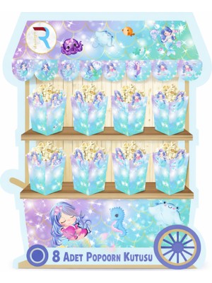 Dizayn Parti Evi Dzyn Deniz Kızı Temalı 8 Adet Popcorn Kutusu Doğum Günü Parti Süsü Mermaid Konsept Mısır Kutusu