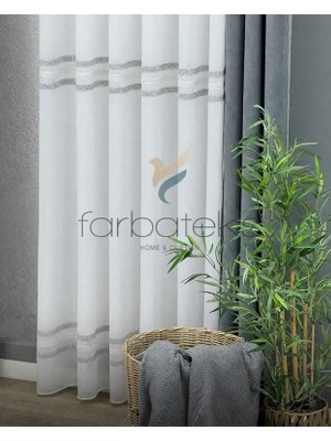 Farbateks Gümüş Silver Ara Bantlı Şeritli Gümüş Simli Ütü Istemez Kırışmaz Tül Perde 2kat Pileli Tül Perde