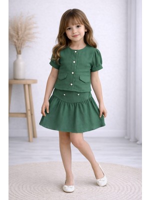 Burçak Butik Kız Çocuk Yazlık Müslin Etek Bluz Takım Inci Düğmeli 2’li Kombin ( 4-10 Yaş ) - Bayramlık