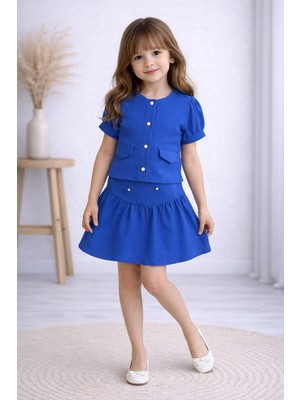 Burçak Butik Kız Çocuk Yazlık Müslin Etek Bluz Takım Inci Düğmeli 2’li Kombin ( 4-10 Yaş ) - Bayramlık