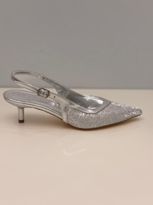 Feles Kadın Gümüş Topuklu Ayakkabı Arkası Açık Ince Topuklu Ayakkabı -5 cm Topuk