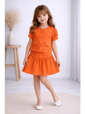 Burçak Butik Kız Çocuk Yazlık Müslin Etek Bluz Takım Inci Düğmeli 2’li Kombin ( 4-10 Yaş ) - Bayramlık