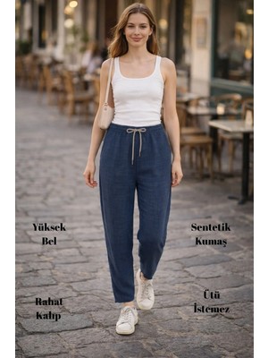 Kadın Sentetik Keten Yüksek Bel Lastikli Dar Paça Mom Pantolon C611