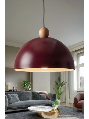 Marrien Luna Bohem Ahşap Boncuklu Bordo Metal Sarkıt (30 cm) Yemek Masası Üstü Avize Salon Aydınlatması
