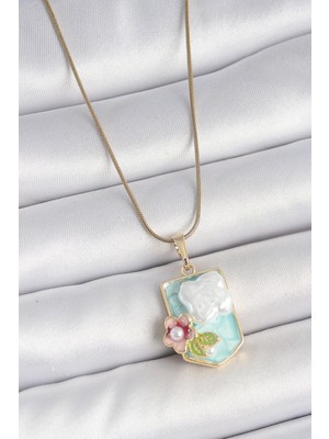 Bluefeet 316L Çelik Gold Renk Zincir Mavi Mineli Incili Çiçek Işlemeli Portre Model Kadın Kolye