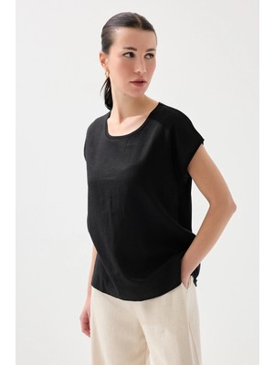 Gusto Önü Keten Tshirt - Siyah
