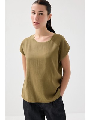 Gusto Önü Keten Tshirt - Haki