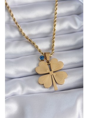 Bluefeet 316L Çelik Gold Renk Burgu Model Işlemeli Yonca Figür Nazar Boncuk Detay Kadın Kolye