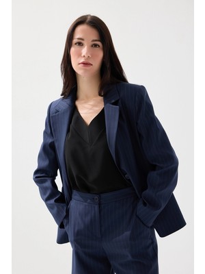 Gusto Tek Düğmeli Silik Çizgili Blazer Ceket - Lacivert