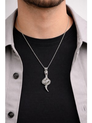 Herşey Nota Yılan Figürlü Metal Kolye Gümüş Renk 60 cm Zincir Unisex