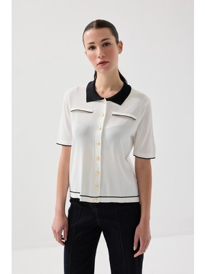 Gusto Polo Yaka Merserize Triko Bluz - Beyaz