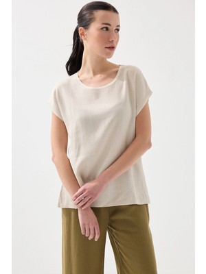 Gusto Önü Keten Tshirt - Bej