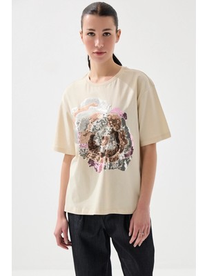 Gusto Pul Payetli Rahat Kesim Pamuk T-Shirt - Bej